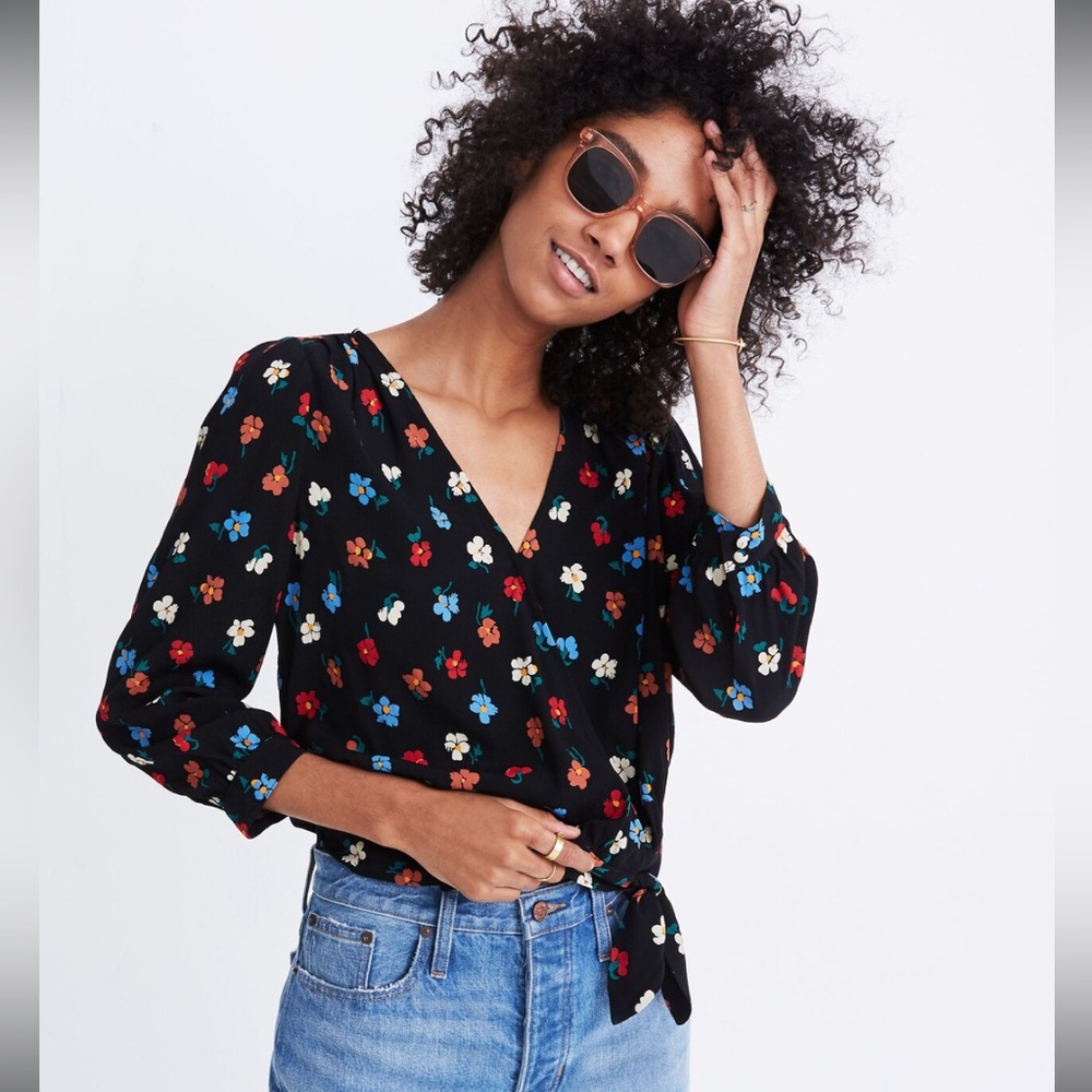 Madewell black floral wrap top‎